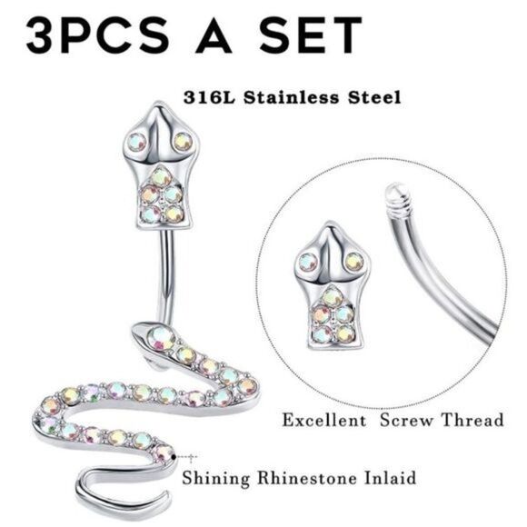 Set of 3 - 14G 316L Stainless Steel and Crystal Snake Belly Rings - Picture 2 of 4